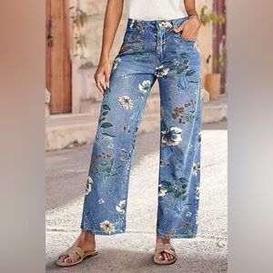 Flamingals High-Rise Floral Print Blue Denim Jeans